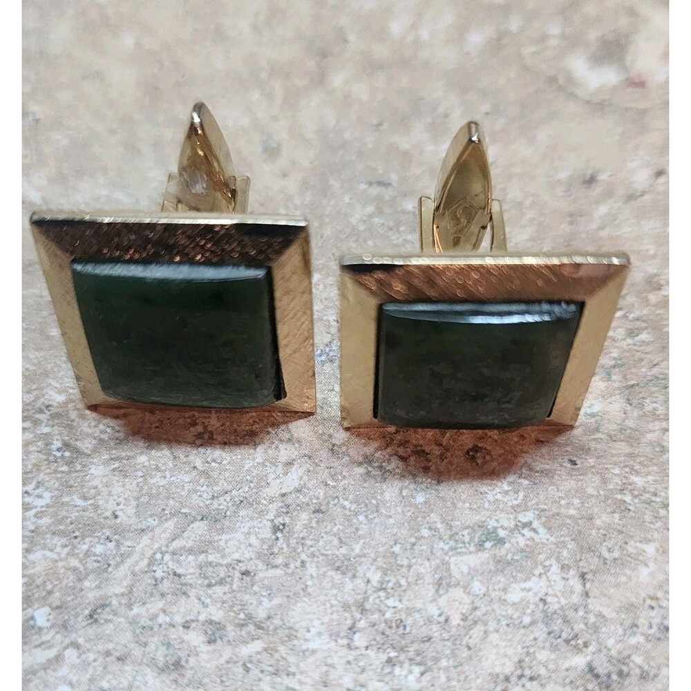 Vintage Cufflinks Gold Tone Green Stone Square Textured Men’s